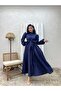 Hijab Navy Blue Big Bow Poplin Flared Dress - 4