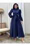 Hijab Navy Blue Big Bow Poplin Flared Dress