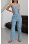 Blue Strapless Sequin Denim Bustier - 3