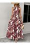 New Season Women's Halter Necked Off-The-Shoulder Belted Maxi Patterned Single Jersey Dress - 5