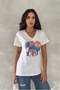 Women's White V-Neck Elephant Pattern Sequin Embroidered 100% Cotton T-Shirt - 5