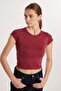 Women's Slim Fit Narrow Cut Plain Basic Crew Neck Burgundy T-Shirt Blouse - 3