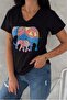 Women's Black V-Neck Elephant Pattern Sequin Embroidered 100% Cotton T-Shirt - 4