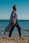 Black Stripe Patterned Kimono Pareo on Women's Hijab Swimsuit P2205 - 4