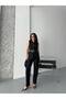 Women's Black Vest and Trousers Belted Double Suit - 2