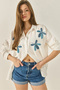 Women's White Blue Leaf Bead Embroidered Aerobin Oversize Shirt 60283024