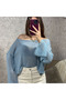 Boat Neck Long Sleeve Openwork Pattern Baby Blue 100% Cotton Blouse - 3