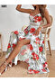 Women's Summer Dress Rope Strap V-Neck Waist Laced Flower Pattern Side Slit - 2