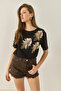 Women's Black Shoulder Leaf Patterned Bead Embroidery Detailed Comfortable Fit Cotton T-Shirt 1850 60283283 - 4