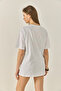 Women's White Shoulder Leaf Patterned Bead Embroidery Detailed Comfortable Fit Cotton T-Shirt 1850 60283283 - 6