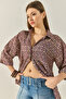 Women's Purple Beige V-Neck Half Sleeve Patterned Printed Shirt 6652 60283258 - 2