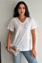 Women's White V-Neck Shoulder Sequin Embroidered 100% Cotton T-Shirt - 5