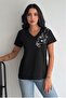 Women's Black V-Neck Shoulder Sequin Embroidered 100% Cotton T-Shirt - 6