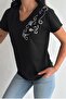 Women's Black V-Neck Shoulder Sequin Embroidered 100% Cotton T-Shirt - 3