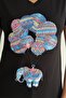 Women's Black V-Neck Balloon Elephant Pattern Sequin Embroidered 100% Cotton T-Shirt - 2