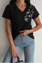 Women's Black V-Neck Shoulder Sequin Embroidered 100% Cotton T-Shirt - 5