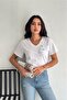 Women's White V-Neck Shoulder Sequin Embroidered 100% Cotton T-Shirt - 6