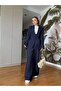 Moila Imported Woven Fabric Jacket +Palazzo Pants Suit Navy Blue - 6