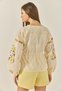 Women's Beige V-Neck Embroidered Waist Tie Elastic Sleeves Linen Shirt 2007 60283308 - 7