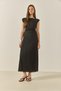 Women's Black Waist Detailed Padded Satin Textured Long Pleated Dress 436 60283307 - 2