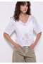 Regular Fit V-Neck Floral Women's White Short Sleeve Sweater