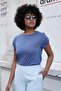 Women's Modal Combed Wide Crew Neck Off Shoulder Epaulette Short Sleeve T-Shirt Blouse-Indigo - 3