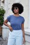 Women's Modal Combed Wide Crew Neck Off Shoulder Epaulette Short Sleeve T-Shirt Blouse-Indigo - 4