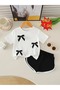 Girl's Ribbon Detailed White T-Shirt - Black Piping Shorts Set