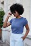 Women's Modal Combed Wide Crew Neck Off Shoulder Epaulette Short Sleeve T-Shirt Blouse-Indigo - 2