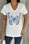 Women's White V-Neck Butterfly Sequin Sequin Embroidered 100% Cotton T-Shirt
