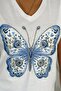Women's White V-Neck Butterfly Sequin Sequin Embroidered 100% Cotton T-Shirt - 2