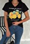 Women's Black V-Neck Orange Sequin Embroidered 100% Cotton T-Shirt - 4