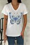Women's White V-Neck Butterfly Sequin Sequin Embroidered 100% Cotton T-Shirt - 5