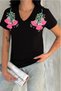 Women's Black V-Neck Shoulder Flower Tassel Sequin Embroidered 100% Cotton T-Shirt - 3