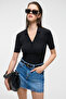 Lokkıser Women's Buttoned Apaj Collar Short Sleeve Black Blouse