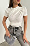 Women's Crew Neck and Waist Drawstring Sandy Fabric Short Sleeve Blouse