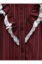 Button-Front, Lace-Front, Ruffled Striped Shirt - Burgundy - 7