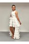 Girl's Evening Dress with Tiered Tail White Shiny Satin Belted Evening Dress 7-15 Years - 3