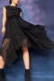 ASYMMETRICAL CUT LACE TEXTURED BOAT NECK BLACK DRESS WITH ELASTIC WAIST