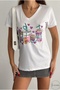 Women's White Teddy Bear Heart Flower Sequin Sequin Embroidered V-Neck 100% Cotton T-Shirt - 3