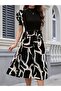 Women Short Sleeve Semi Turtleneck Top Viscose Bottom Print Woven Midi Dress - 5