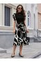Women Short Sleeve Semi Turtleneck Top Viscose Bottom Print Woven Midi Dress - 3