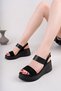 Carol Model Genuine Leather Black Banded Wedge Sole Buckle Women's Daily Sandals - 3