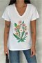 Women's White V-Neck Floral Sequin Sequin and Embroidery Embroidered 100% Cotton T-Shirt - 3