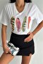 Women's White V-Neck Large Size Feather Pattern Sequin Embroidered 100% Cotton Large Size T-Shirt - 6