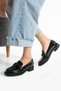 Black Crinkled Patent Leather Buckle Vegan Leather Women's Loafer Shoes |   Comfortable Daily Office Stylish Shoes - 4