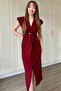 Double Breasted Collar Padded Pearl Claret Red Dress - 4