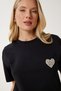 Stylish Stone Heart Detailed Knitted T-Shirt Black Lcr0066