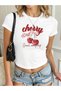 Women's White Sweet Cherry Printed Crew Neck Tight Crop Tshirt