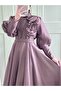 Rose detailed balloon sleeve lined evening dress -lilac - 2